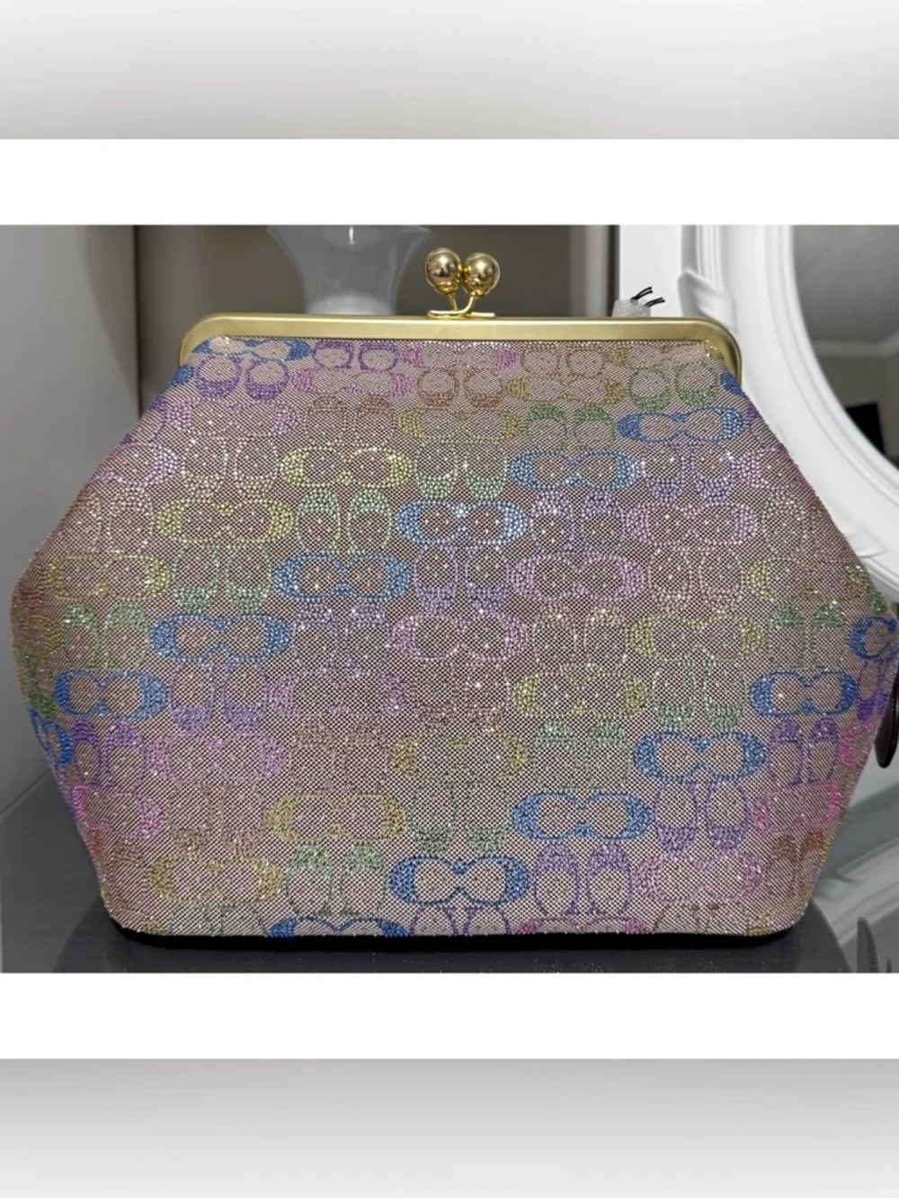 COACH Large Kisslock Frame Bag- RAINBOW Crystal Signature Jacquard